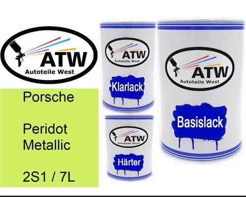 Porsche, Peridot Metallic, 2S1 / 7L: 500ml Lackdose + 500ml Klarlack + 250ml Härter - Set, von ATW Autoteile West.